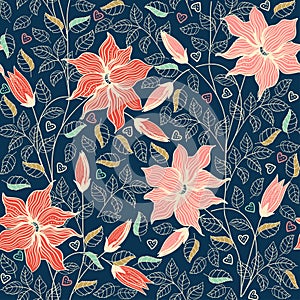 Floral seamless pattern. Colorful background wallpaper illustration with vintage summer flowers leaves and ornaments.
