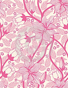 Floral seamless pattern. Colorful background wallpaper illustration with vintage summer flowers leaves and ornaments. Vector textu