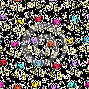 Floral seamless pattern, colorful blooming background. Cute multicolor flower buds on stems with leaves with white outline on