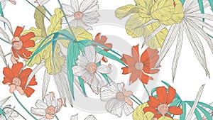 Floral seamless pattern, colorful fiddle leaf fig, palm leaves and cosmos flowers on white, line art ink drawing
