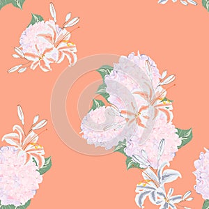 Floral seamless pattern with colorful lilies flower and hydrangea on light background.