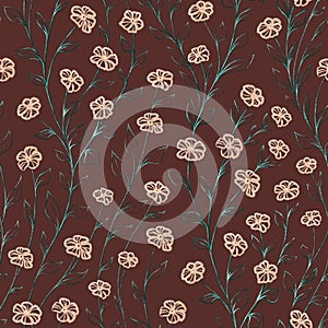 Floral seamless pattern. Contours of Abstract beige flowers and green leaves on brown background.