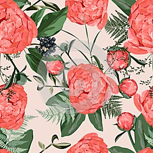 Floral Seamless Pattern with Coral Orange Peonies and herbs. Spring Blooming Flowers Background for Fabric