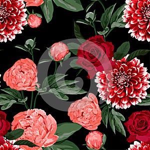 Floral Seamless Pattern with Coral Orange Peonies and roses. Spring Blooming Flowers Background for Fabric.