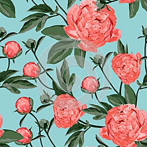 Floral Seamless Pattern with Coral Orange Peonies. Spring Blooming Flowers Background for Fabric