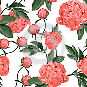 Floral Seamless Pattern with Coral Orange Peonies. Spring Blooming Flowers Background for Fabric, Print