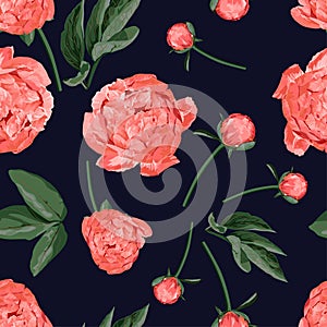 Floral Seamless Pattern with Coral Orange Peonies. Spring Blooming Flowers Background for Fabric, Prints