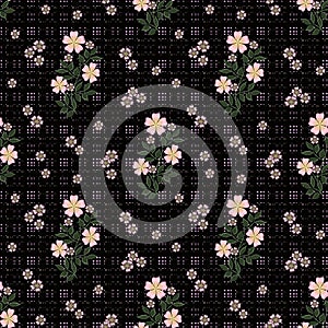 Floral seamless pattern, cute cartoon flowers black background in specks