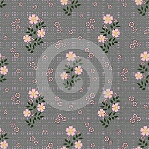 Floral seamless pattern, cute cartoon flowers grey background in specks