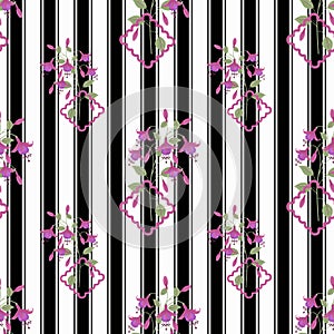 Floral seamless pattern, cute cartoon flowers white background striped