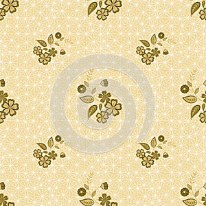 Floral seamless pattern, cute cartoon flowes beige background