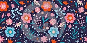 Floral seamless pattern with cute wild flowers on a dark background, cartoon style. Trendy modern vector illustration