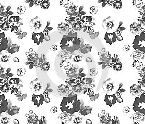 Floral seamless pattern with different flowers and leaves. Black and white Botanical illustration hand painted