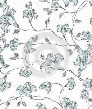 Floral seamless pattern with different flowers and leaves. Black and white Botanical illustration hand painted