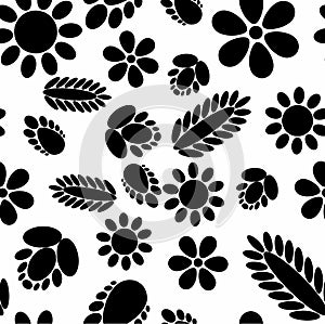Floral seamless pattern with different flowers and leaves. Black and white Botanical illustration hand painted. Textile print,