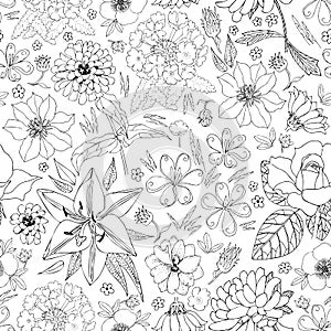 Floral seamless pattern with different hand drawn flowers and leaves. Black and white vector illustration