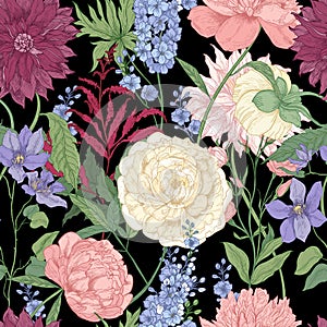 Floral seamless pattern with elegant flowers and flowering plants used in floristry hand drawn on black background