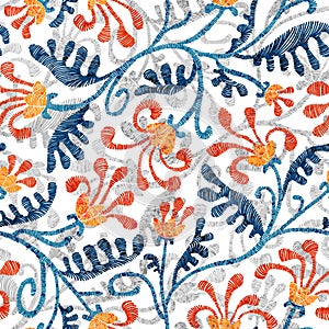 Floral seamless pattern. Embroidered paisley ornament. Grunge texture. Bohemian print for home decor, pillows, carpets, blankets.