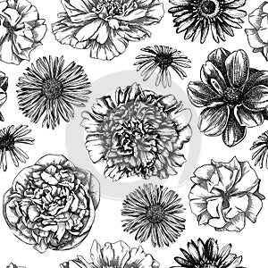 Floral seamless pattern in engraved style. Hand-sketched flower buds on white background. Perfect for textile, wallpaper, wrapping