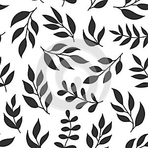 Floral seamless pattern with fern, different leaves, black color branches on white background. Greenery vector summer