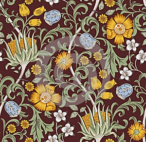 Floral seamless pattern with field of flowers on burgundy background. Vector illustration.