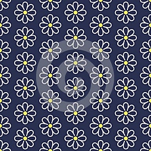 Floral seamless pattern with flat line icons of daisy chains. Flower background beautiful garden chamomile plant. Blue