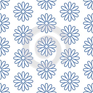 Floral seamless pattern with flat line icons of daisy chains. Flower background beautiful garden chamomile plant. Blue
