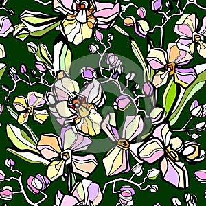 Floral seamless pattern. Flower background. Flourish garden texture with orchid. Vector