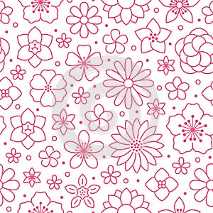 Floral seamless pattern, flower background. Outline flowers - line chamomile, jasmine, daisy. Pink white color simple