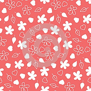 Floral seamless pattern flower leaf heart illustration, bright white print on a pink background