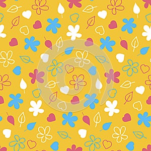 Floral seamless pattern flower leaf heart illustration for design, bright blue print on a yellow background