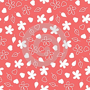 Floral seamless pattern flower leaf heart vector illustration, bright white print on a pink background