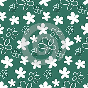 Floral seamless pattern flower leaf heart vector illustration for decoration, bright white print on a green background