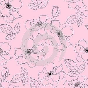 Floral seamless pattern with flower on pink background. Vector Illustration. Aesthetic modern art linear hand drawn for