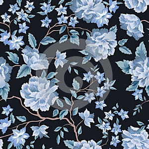 Floral seamless pattern. Flower rose black background. Flourish