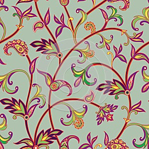 Floral seamless pattern. Flower swirl background. Arabic ornament with fantastic flowers and leaves.