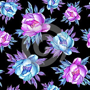 Floral seamless pattern with flowering pink and blue peonies, on black background. Watercolor hand drawn painting illustration.