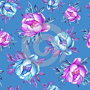 Floral seamless pattern with flowering pink and blue peonies, on blue background. Watercolor hand drawn painting illustration. Po