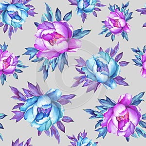 Floral seamless pattern with flowering pink and blue peonies, on gray background. Watercolor hand drawn painting illustration. P