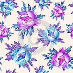 Floral seamless pattern with flowering pink and blue peonies, on peach background.