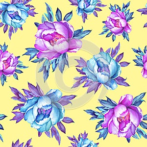 Floral seamless pattern with flowering pink and blue peonies, on yellow background. Watercolor hand drawn painting illustration.