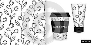 Floral seamless pattern. Flowers background. Black and white background. Vector illustration.