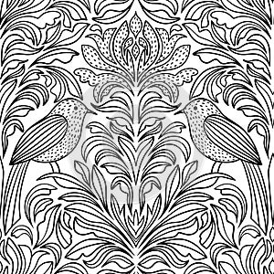 Floral seamless pattern with flowers and birds. Vintage style.