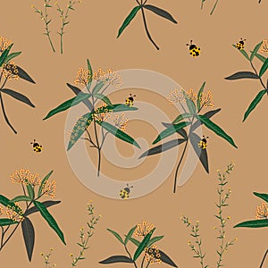 Floral seamless pattern,flowers and leaves with ladybugs on soft brown background for decorative,fashion,fabric,textile,print or