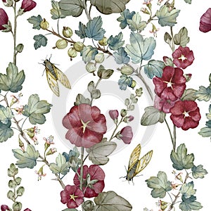 Floral seamless pattern with garden plants, hollyhocks, gooseberries and cicadas. Hand painted in watercolor.