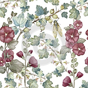 Floral seamless pattern with garden plants, hollyhocks, gooseberries and cicadas. Hand painted in watercolor.