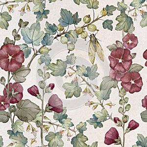 Floral seamless pattern with garden plants, hollyhocks, gooseberries and cicadas. Hand painted in watercolor.