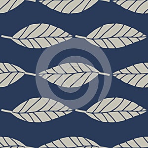 Floral seamless pattern with geometric lines leafs. Botanic elements in grey color on navy blue background