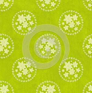 Floral seamless pattern. Gouache painting Floral round flowers wreath on textured green background.