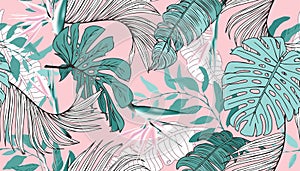 Floral seamless pattern, green, black and white split-leaf Philodendron plant with vines on white background